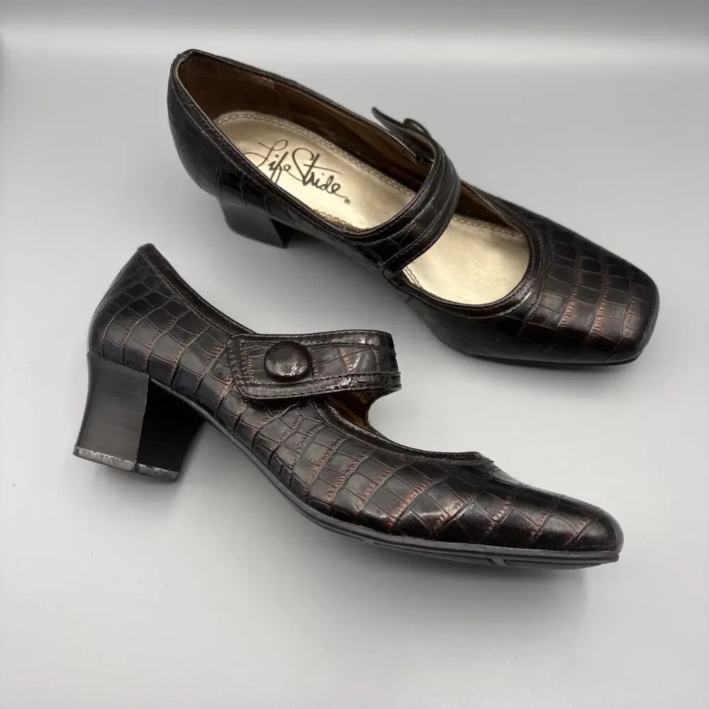 Lifestride Heels Size 8 Brown Mary Jane Square Toe Dark Academia Twee Crocodile